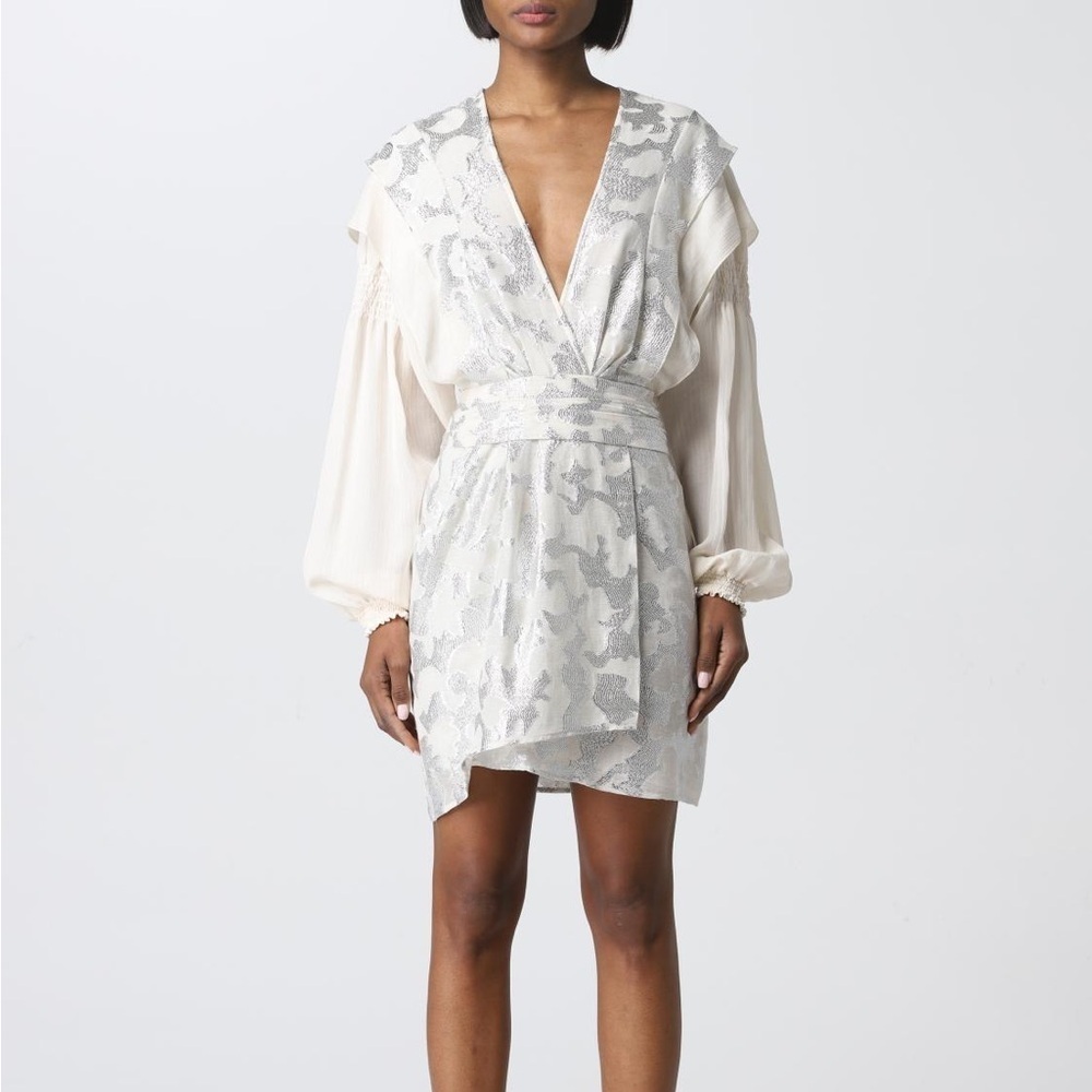 IRO ivory long sleeve dress with silver metallic embroidery - FR 42 (US 10)